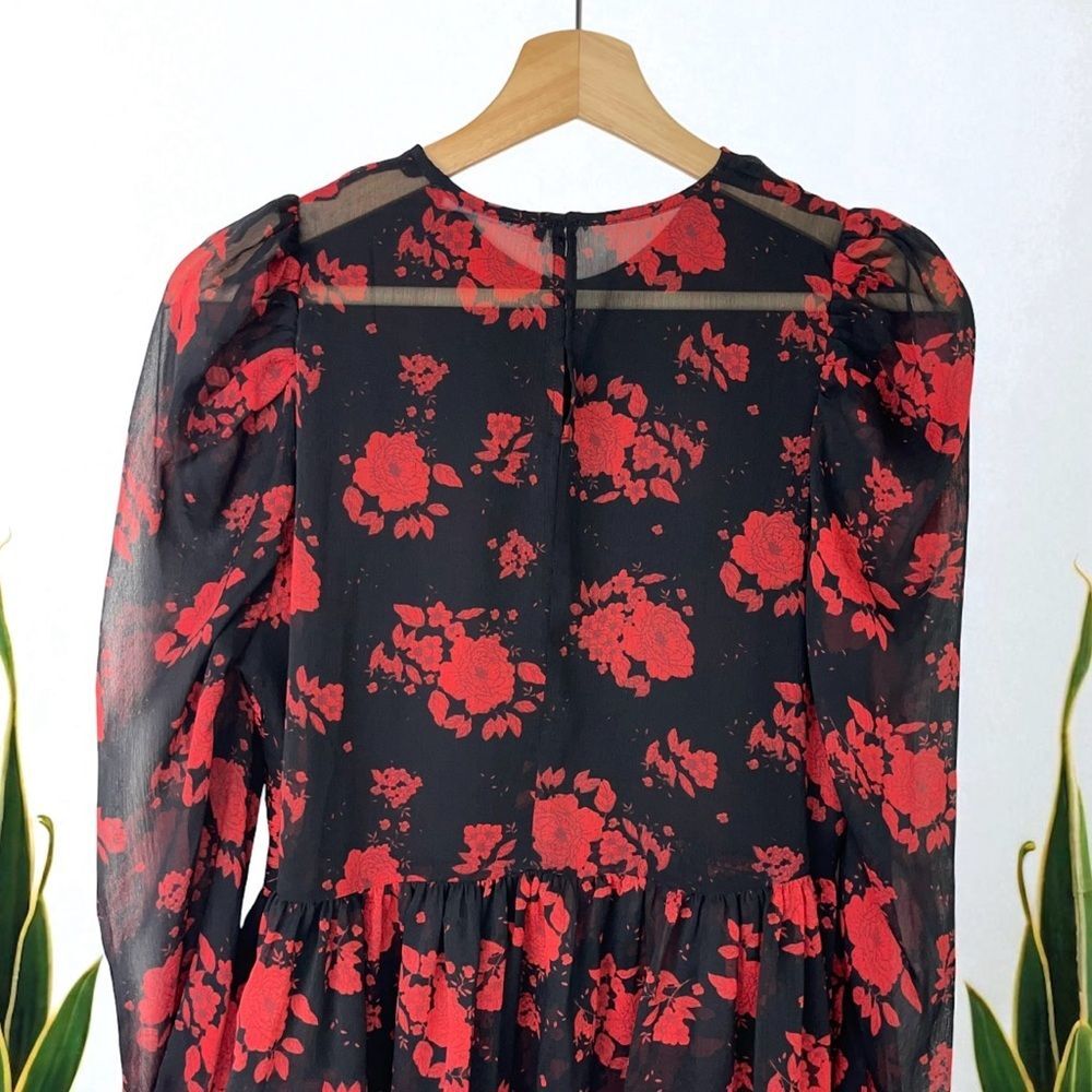 Zara Rose Floral Semi-Sheer Chiffon Puff Sleeve Peplum Blouse - Picture 8 of 12